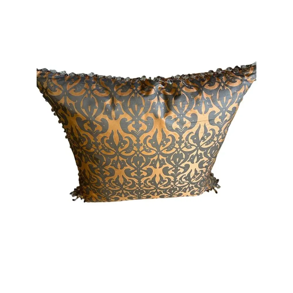 Bronze and gray silk jacquard throw pillow trellis pattern and beaded edge trim